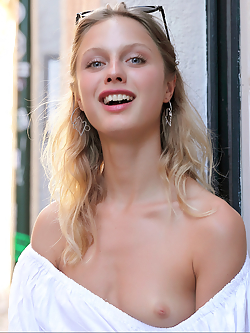 Flat-chested blonde flashing in the city